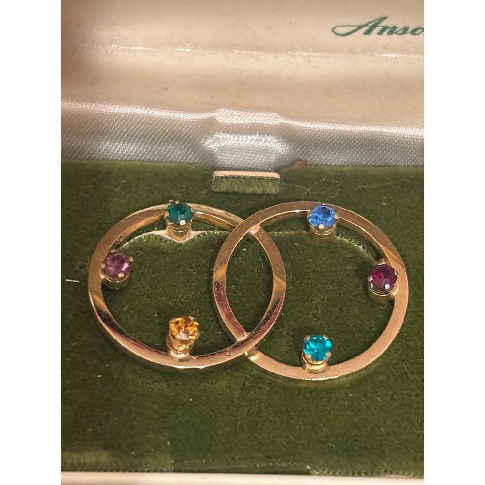 Vintage Anson Family Album Jewelry Gold Tone Multi Stone Double Circle Brooch